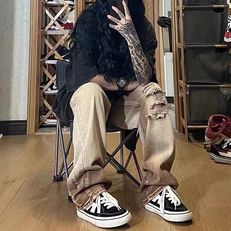 Suitable For All Seasons High Street Distressed Jeans For Men, Autumn Vintage Washed Ins Style, Trendy Brand, Straight Wide-Leg Pants_mkmklike.com