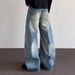 American High Street Cleanfit Bamboo Pattern Distressed Curved Jeans For Boys Straight Leg Slightly Flared Pants Trendy_mkmklike.com