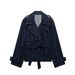 French-Inspired Belted Denim Trench Coat, Oversized Short Jacket With Slim Fit, Trendy Streetwear Outerwear For Women (Blue)_mkmklike.com