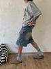Men's Distressed Denim Shorts Front And Back Patchwork Retro Style Wide Leg Loose Casual Straight Leg Five Point Pants_mkmklike.com