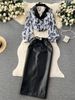 Women's Clothing collar floral chiffon shirt high waist tight PU leather skirt female high end outfit two piece suit_mkmklike.com