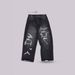 "90s Vintage Distressed High-Waisted Jeans – Relaxed Wide-Leg Denim Pants With Stretch (Black, S-XXL)"_mkmklike.com