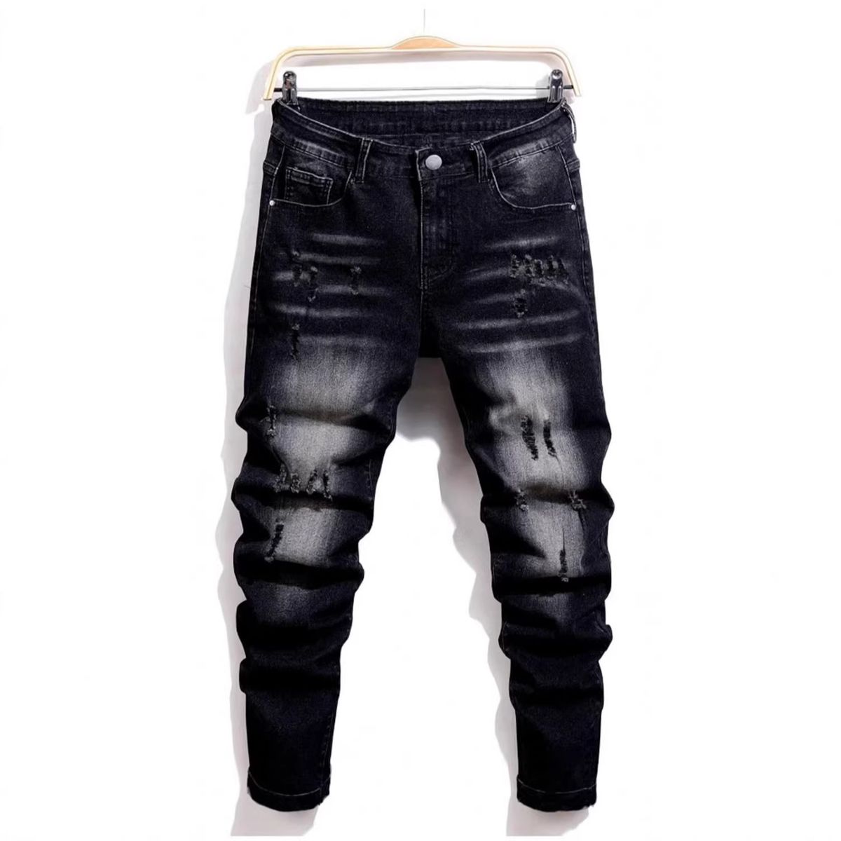 High Street Slim Fit Men's Jeans Ripped Black Trendy Stretch Straight Leg Pants Exclusive_mkmklike.com