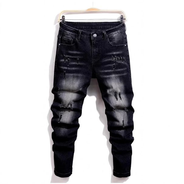 High Street Slim Fit Men's Jeans Ripped Black Trendy Stretch Straight Leg Pants Exclusive_mkmklike.com