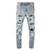 Men's Clothing Washed Cat Whisker Wrinkled Holes Splash Diamond Blue Elastic Slim Fit Skinny Jeans_mkmklike.com