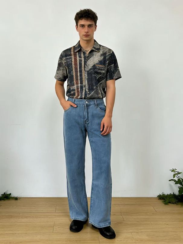 Men's Casual Fashion Washed Denim Jeans American Style Loose Fit Mid Waist Wide Leg Pants Black Blue Cotton Jeans_mkmklike.com