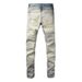 Men's Clothing European And American Ins Same Style Cat Whisker Wrinkled Patchwork Leather Patch Hole Elastic Slim Fit Skinny Jeans Jeans_mkmklike.com