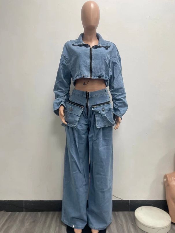 Women's Clothing Fashion Loose Casual Short Jacket Wide Leg Trousers Denim Suit Women's Two Piece Suit_mkmklike.com