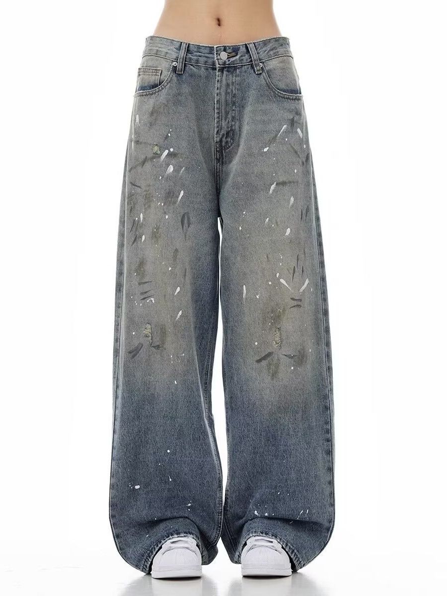 Retro Washed High Street Denim Pants - Men's Loose Straight-Leg Jeans (Polyester, Distressed Blue, Streetwear Style)_mkmklike.com