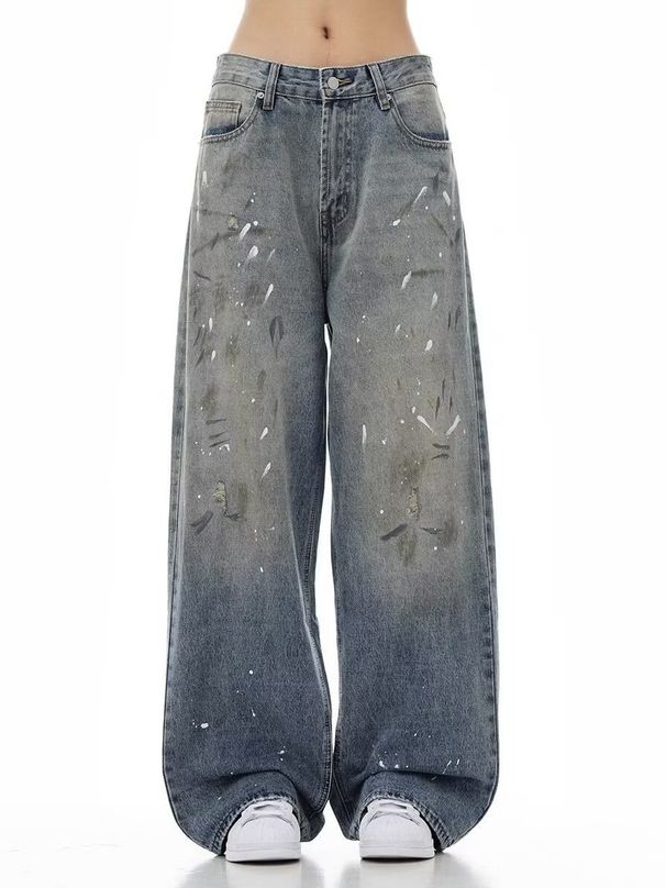 Retro Washed High Street Denim Pants - Men's Loose Straight-Leg Jeans (Polyester, Distressed Blue, Streetwear Style)_mkmklike.com
