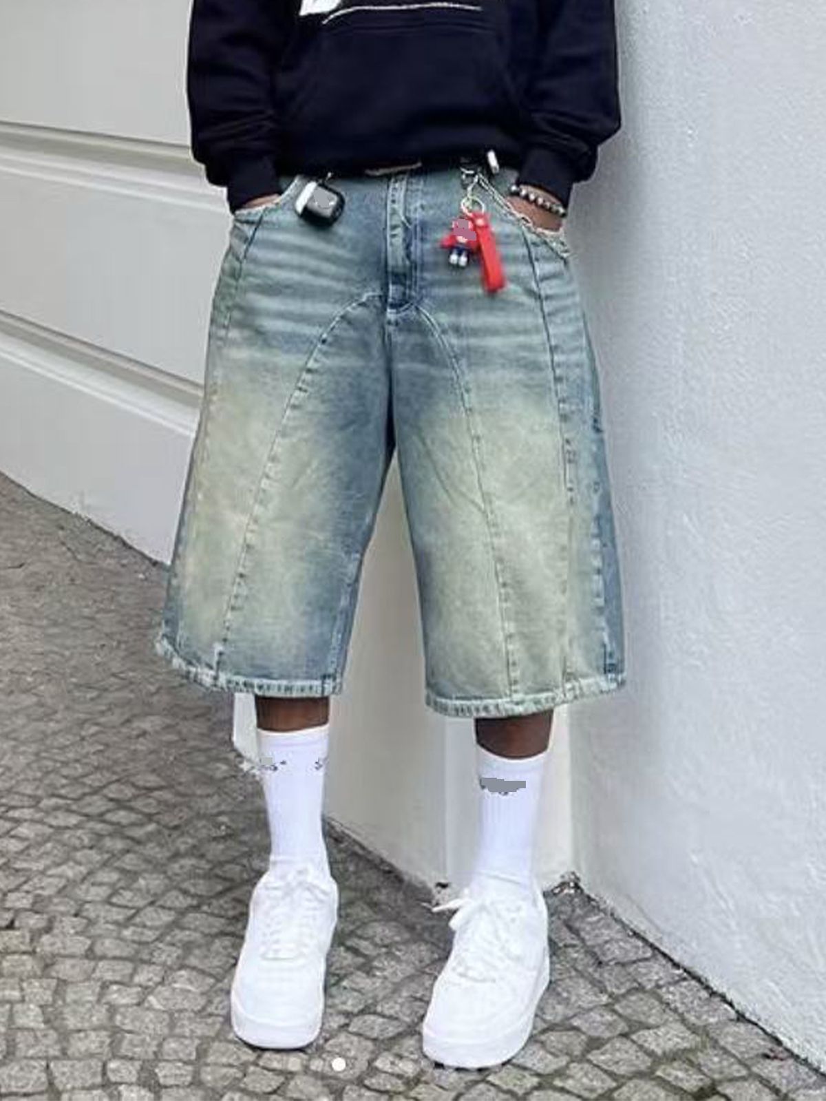 Men's Clothing Retro Washed High Street Denim Shorts For Men And Women Straight Wide Leg Distressed Loose Casual Versatile Cropped Pants_mkmklike.com