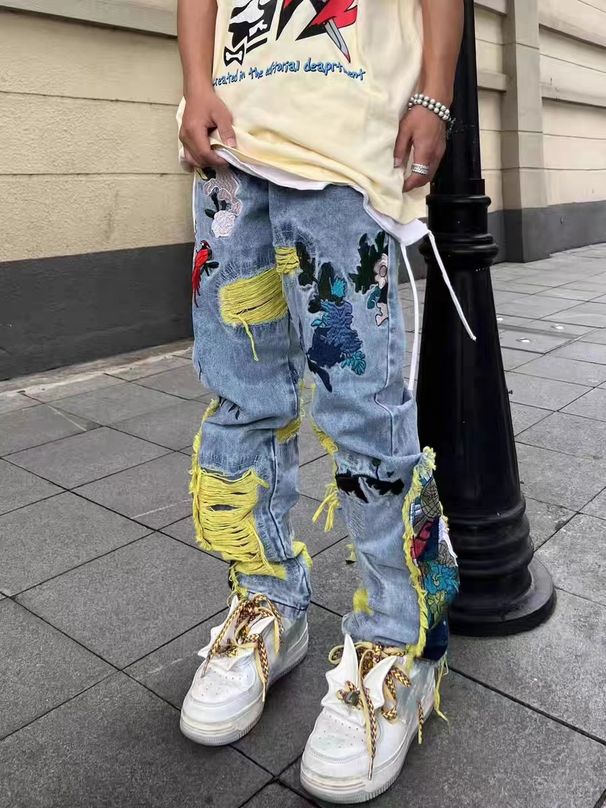 "Streetwear Embroidered Denim Jeans – Oversized Hip-Hop Style For Men & Women"_mkmklike.com