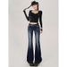 Petite Low-Rise Flared Jeans For Women – Vintage Dark Blue Stretch Denim, Slim Fit & Retro Y2K Style (XS-XL)_mkmklike.com