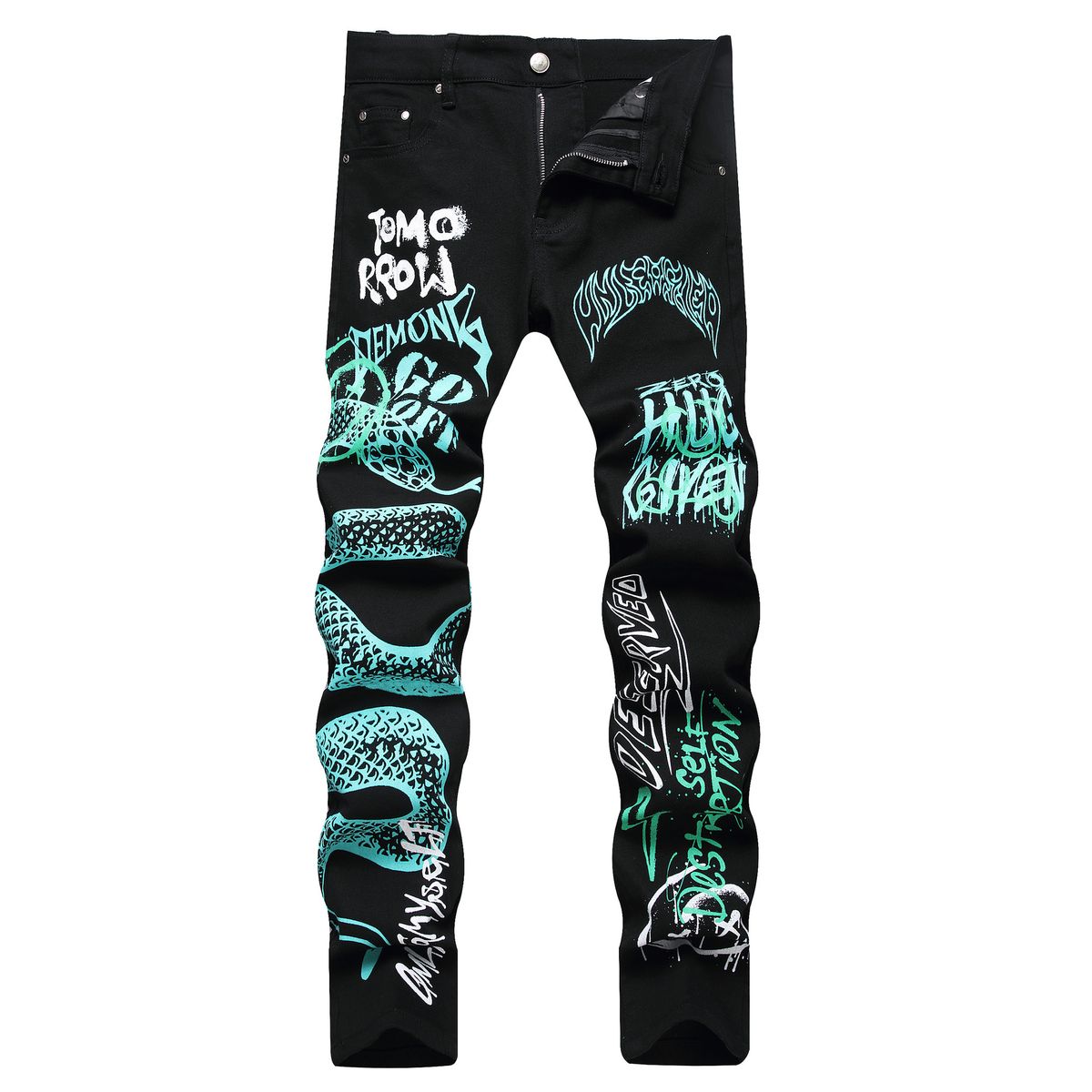 Men's Stretch Skinny Jeans With Printed Design, Black Slim Fit Tapered Jogger Denim Pants For Casual Streetwear_mkmklike.com