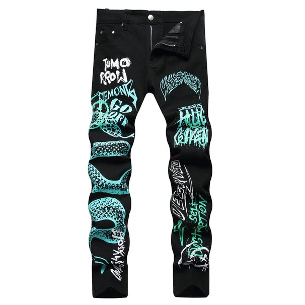 Men's Stretch Skinny Jeans With Printed Design, Black Slim Fit Tapered Jogger Denim Pants For Casual Streetwear_mkmklike.com
