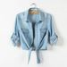 Women's Clothing Pastoral Spring And Summer Mid Sleeve Small Waistcoat Short Jacket Washed Denim Shirt Women's Plus Size Tie Knot_mkmklike.com
