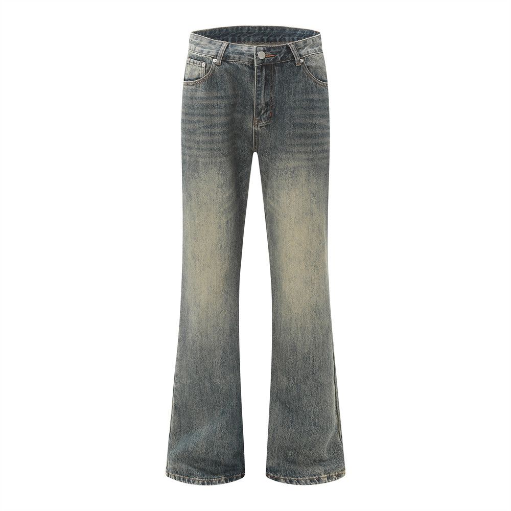 Yellow Mud Dyed Washed Vintage Denim Flared Men's Vibe Hippie Trend Basic Loose Casual Wide Leg Long Pants_mkmklike.com
