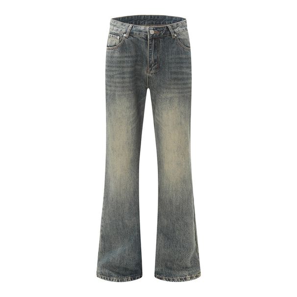Yellow Mud Dyed Washed Vintage Denim Flared Men's Vibe Hippie Trend Basic Loose Casual Wide Leg Long Pants_mkmklike.com