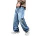 Men's American Streetwear Loose Fit Jeans - Trendy Straight Leg With Elastic Waist & Drawstring (M-3XL, Bluish/White Ash)_mkmklike.com