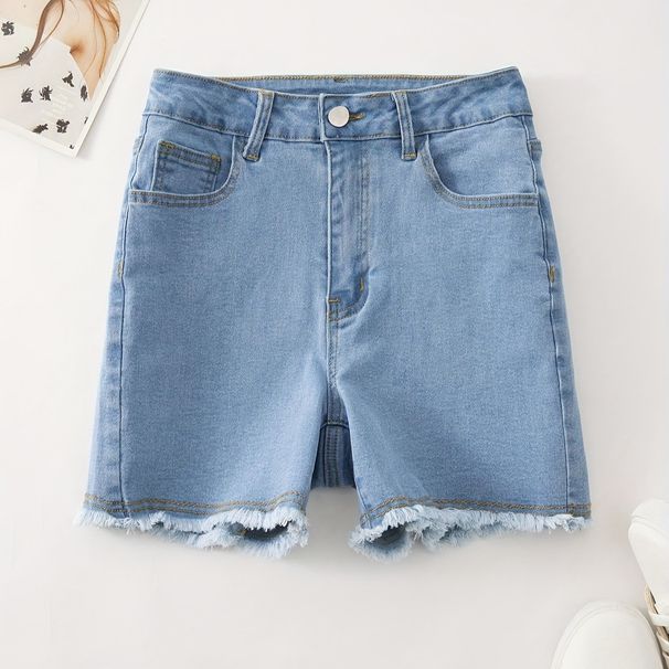 Women's Sweet Pink Bow Frayed Denim Shorts Casual Cotton Solid Color Regular Fit Spring/Autumn Summer_mkmklike.com