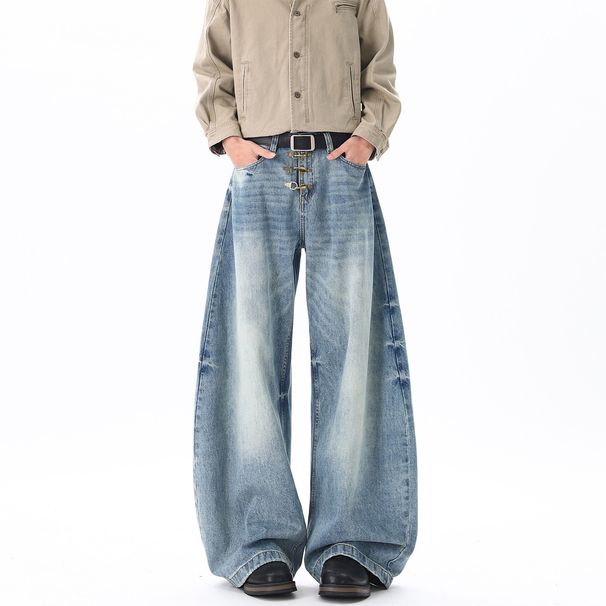 Men's Vintage Washed Denim Jeans Relaxed Wide-Leg Fit Airplane Buckle Detail High Cotton Content Streetwear Blue S-XXXL_mkmklike.com