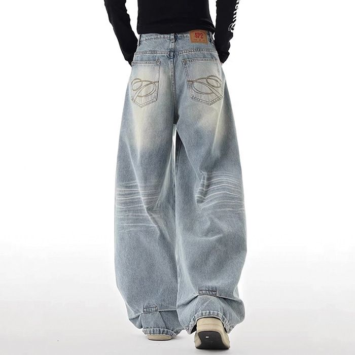 Women's Blue Wide Leg Jeans Loose Straight Leg Pants Versatile Embroidered Plus Size Regular Thickness Autumn Winter Style_mkmklike.com