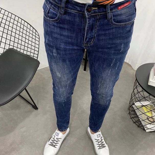 Men's Clothing Autumn And Winter Label Dark Blue Slim Fit Nine Point Jeans For Men With Skinny Feet Slim And Energetic Young Men's Long Pants_mkmklike.com