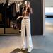 Women's White Wide Leg Jeans - High Waisted Stretch Denim Pants With Button & Zipper, Casual Flowy Trousers For Spring_mkmklike.com