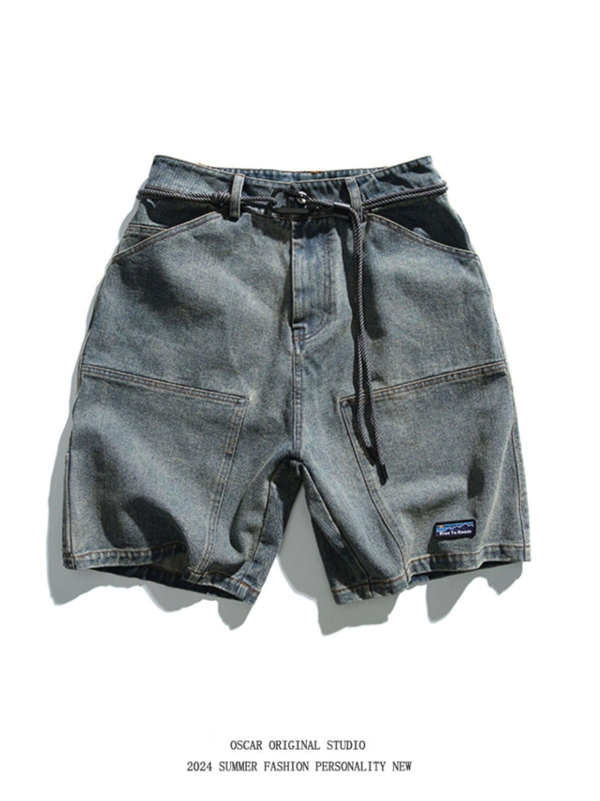 Men's Clothing Straps Washed Distressed Denim Shorts Men's Summer Hip Hop Loose Casual Workwear Shorts_mkmklike.com