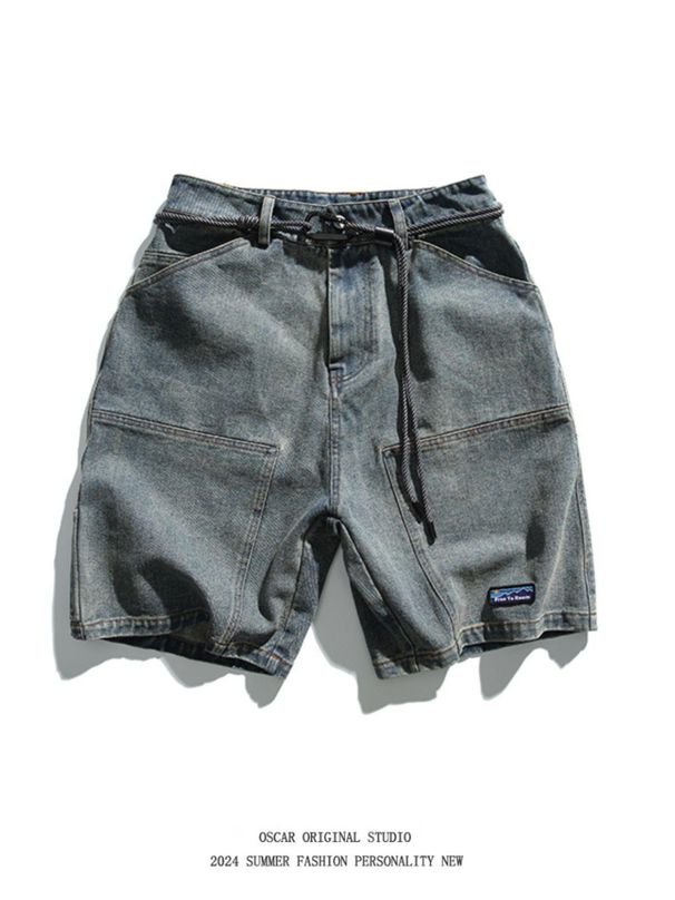 Men's Clothing Straps Washed Distressed Denim Shorts Men's Summer Hip Hop Loose Casual Workwear Shorts_mkmklike.com