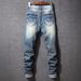 Men's Straight Leg Vintage Denim Jeans - Navy Blue Washed Cotton Pants With Distressed Details For Casual Streetwear_mkmklike.com