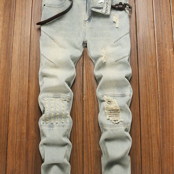 Men's Straight Fit Distressed Jeans - Casual Cotton Denim Pants With Classic Wash For Everyday Wear_mkmklike.com