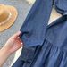 Elegant High-Waisted Denim Dress For Women - Fall A-Line Midi Dress With Belt & Polo Collar_mkmklike.com