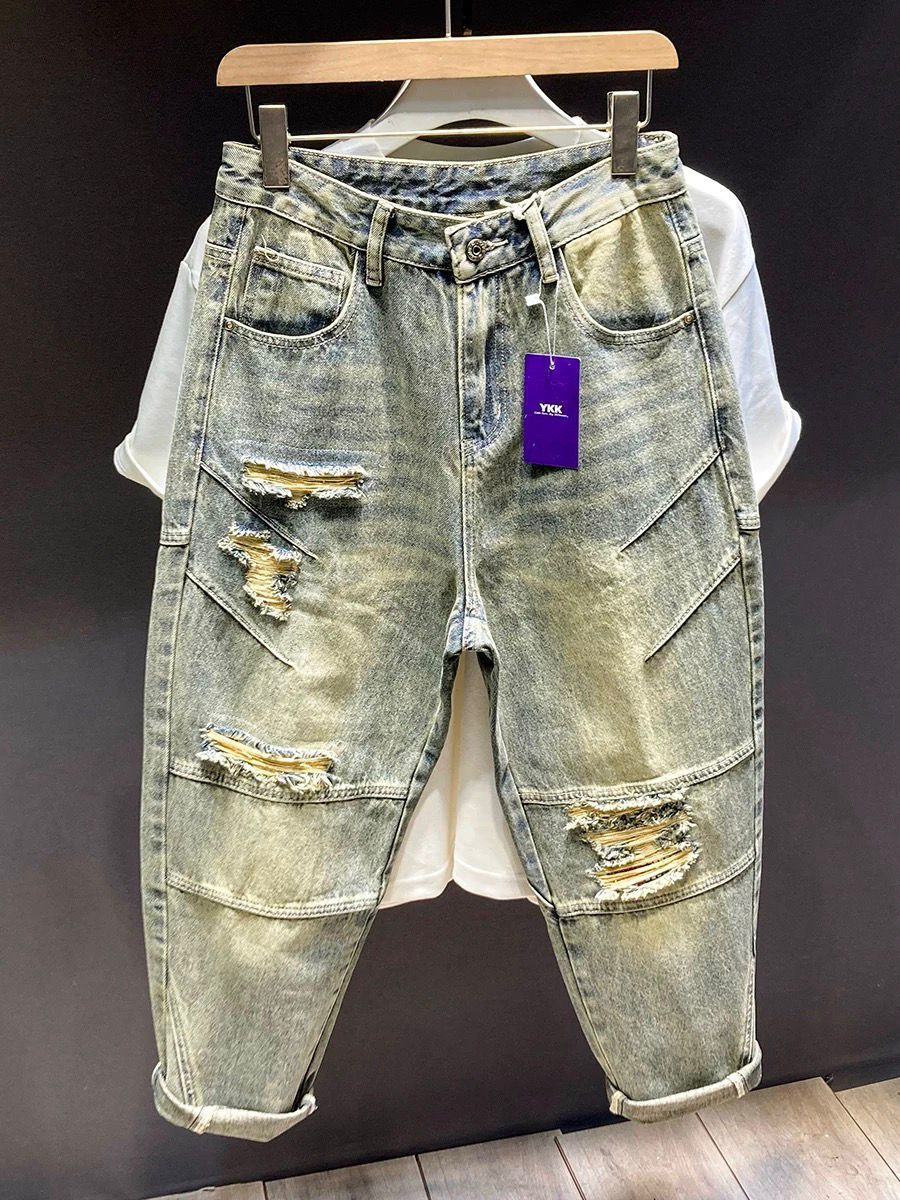 Men's Trendy Harem Pants American Retro Loose Multi Pocket Cargo Jeans Spring Autumn Ripped And Patchwork Clothing_mkmklike.com