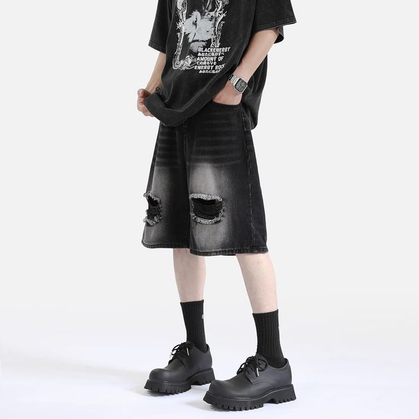 "Men's Vintage Distressed Denim Shorts – Retro High-Waisted Loose Fit (Streetwear, 5-Pocket Design, Breathable Cotton, Urban Casual Style)"_mkmklike.com