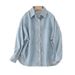 Women's Distressed Denim Shirt Jacket – Oversized Streetwear Style, Polo Collar, Comfortable Cotton Blend (Blue, Beige, Green,More)"_mkmklike.com