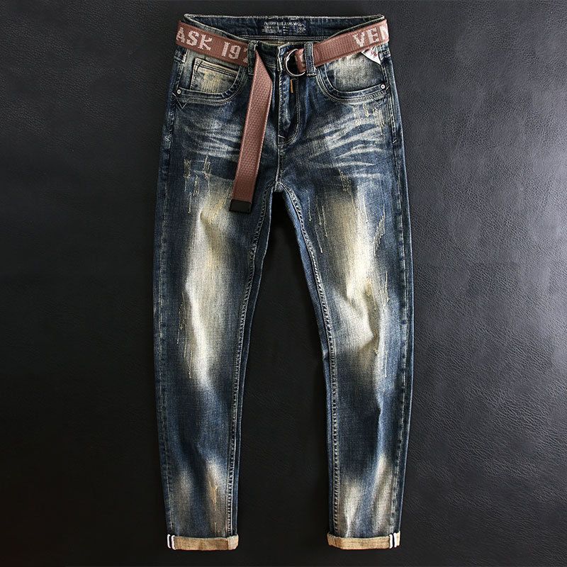 Men's Clothing Distressed Jeans Slim Fit Straight Elastic Vintage Distressed Slim Straight Jeans With Stretch Washed Retro Style Comfortable Trousers_mkmklike.com