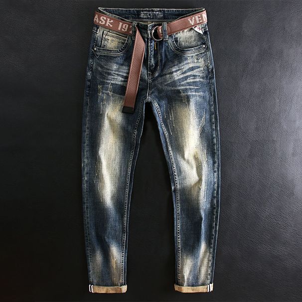 Men's Clothing Distressed Jeans Slim Fit Straight Elastic Vintage Distressed Slim Straight Jeans With Stretch Washed Retro Style Comfortable Trousers_mkmklike.com