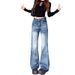 Vintage American Style High Waist Wide Leg Jeans For Women - Retro Blue Distressed Denim Flared Trousers With Drop Hem_mkmklike.com