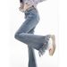 Light Blue Fringed Micro-flare Jeans For Women, Spring Season, With Raw Edge Design, Stretchy, Slimming, Niche Style,_mkmklike.com