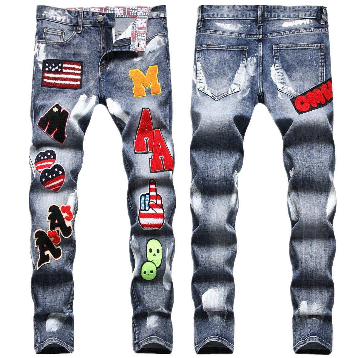 Men's Clothing Punk Fashion Slim Fit Jeans For Men With Personalized Badges Washed Retro Spray Paint High Street_mkmklike.com