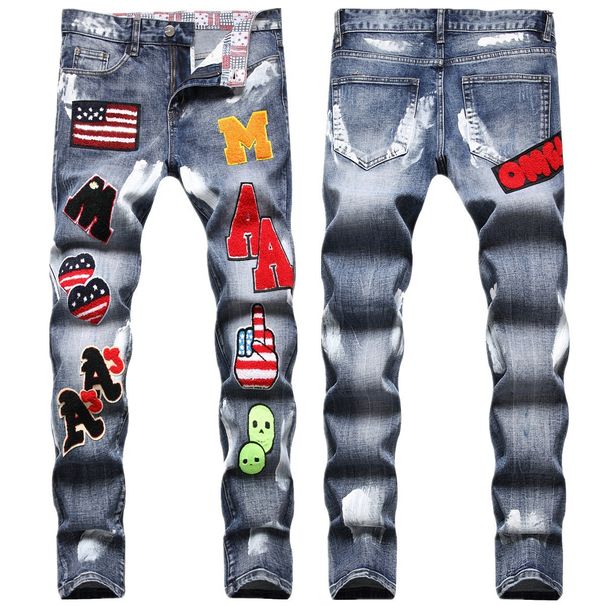 Men's Clothing Punk Fashion Slim Fit Jeans For Men With Personalized Badges Washed Retro Spray Paint High Street_mkmklike.com