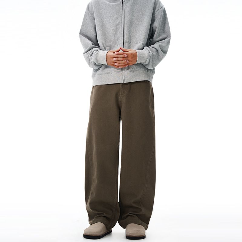Baggy Twill Cotton Pants Unisex High-Waisted Wide-Leg Trousers, Deconstructed Hem, 100% Cotton, Streetwear (Black/Brown/White, Oversized Fit)_mkmklike.com