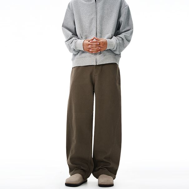 Baggy Twill Cotton Pants Unisex High-Waisted Wide-Leg Trousers, Deconstructed Hem, 100% Cotton, Streetwear (Black/Brown/White, Oversized Fit)_mkmklike.com