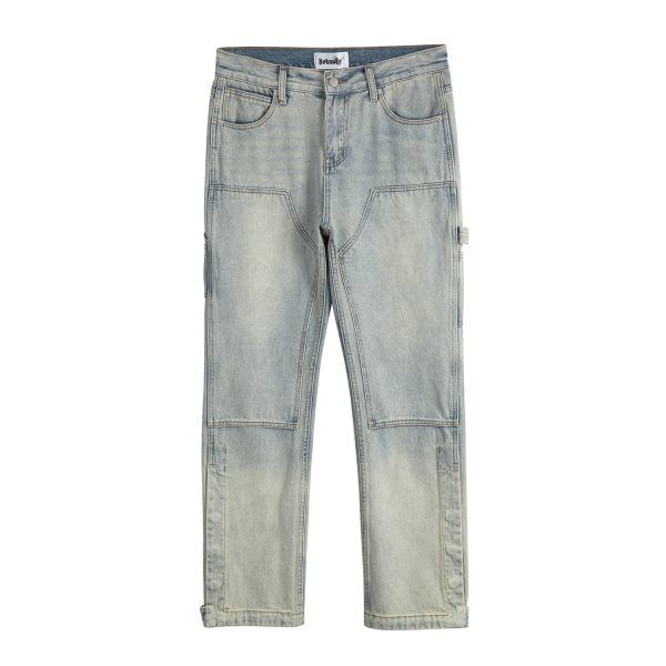 Men's Clothing High Street Water Ins Same Style Washed Vibe Style Loose Stitching Lumberjack Overalls Jeans Jeans_mkmklike.com