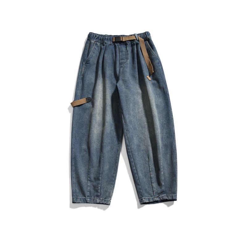 Yi Dao Antique 2025 Spring New Style Washed And Used Buckle Decorative Ribbon Jeans Men's Loose Wide Leg Pants_mkmklike.com