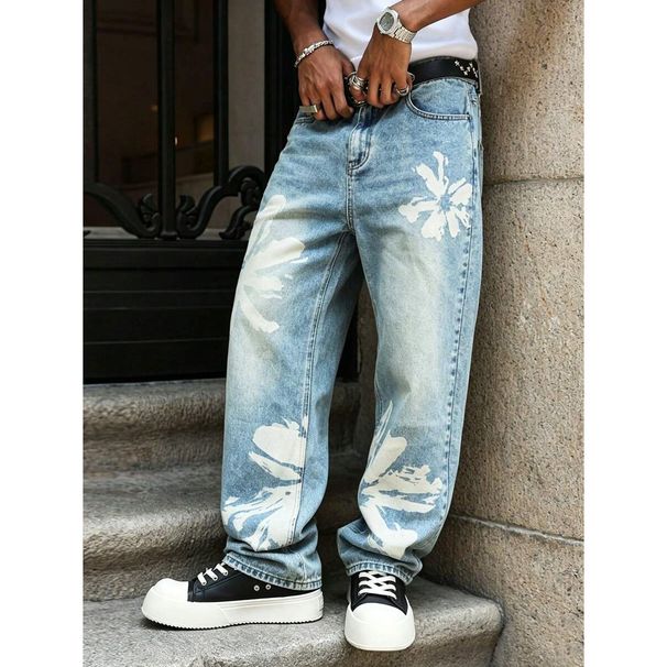 Light Colored Washed Loose Wide Leg Jeans for Men Trendy Printed Casual Trousers Spring Autumn Style Cross Border Exclusive_mkmklike.com