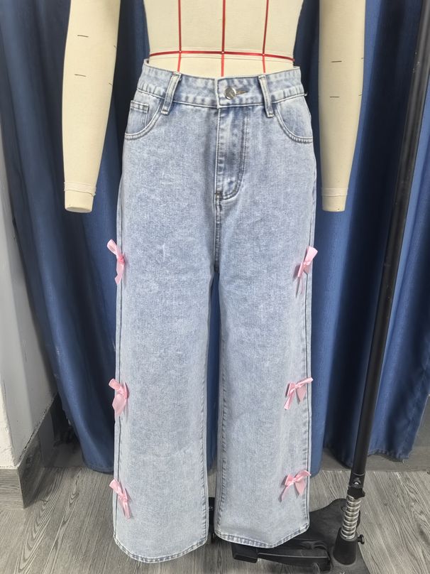 K Street Hot Girl Bow Jeans Loose Straight Leg Wide Leg Pants_mkmklike.com