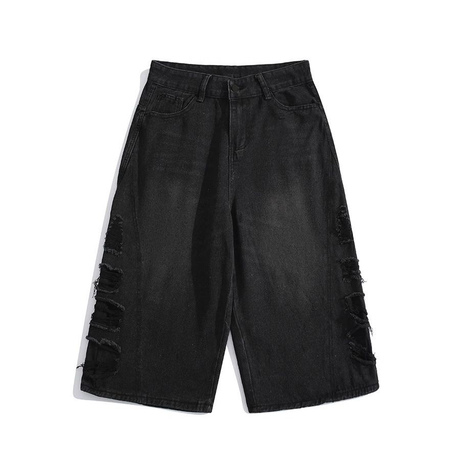 Heavy Damage Washed Vintage Denim Shorts – Unisex Loose Fit Wide Leg Cropped Pants, American Retro Streetwear Style_mkmklike.com