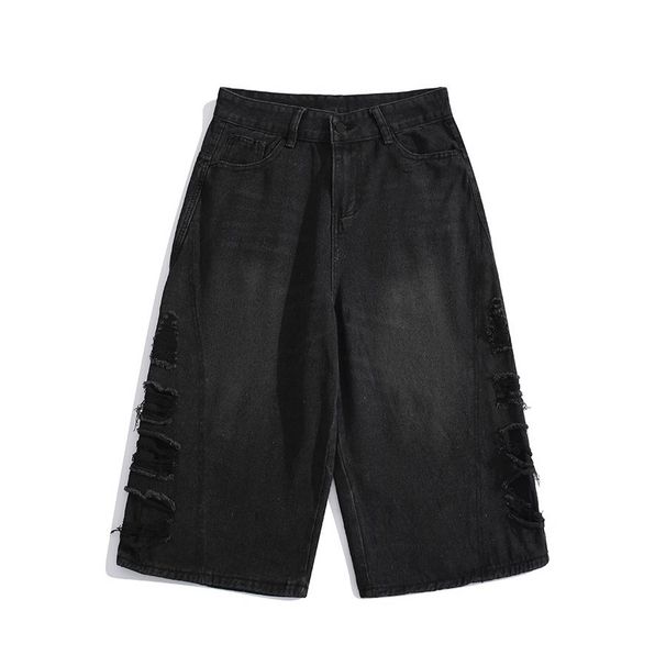 Heavy Damage Washed Vintage Denim Shorts – Unisex Loose Fit Wide Leg Cropped Pants, American Retro Streetwear Style_mkmklike.com